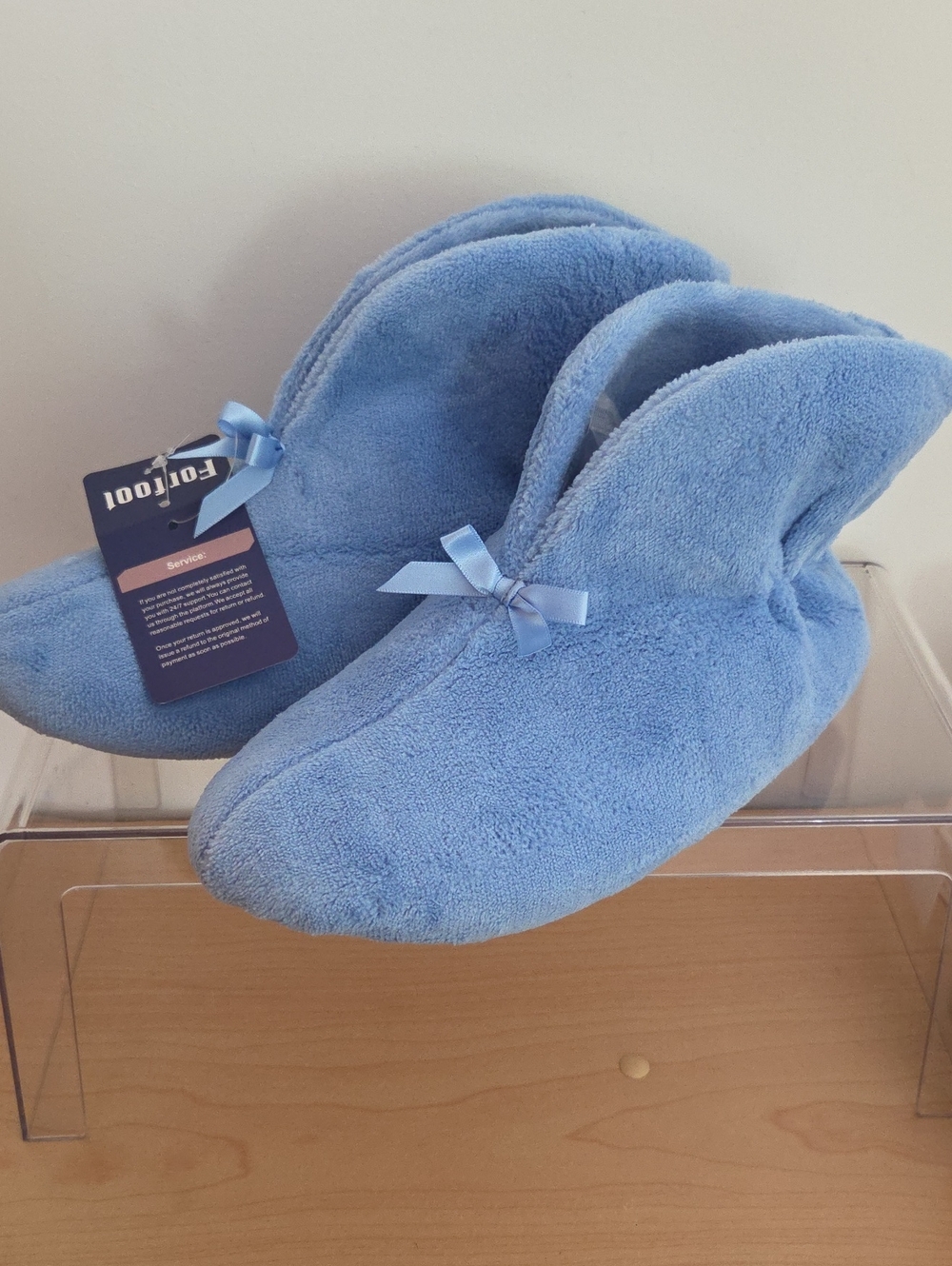 Soft Plush Women's Blue Slipper Boots with Bow...NWT size Lg.